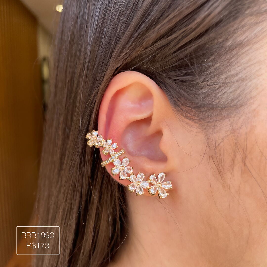 Brinco Ear Cuff Luxo Flower Cravejado Cristal Dourado